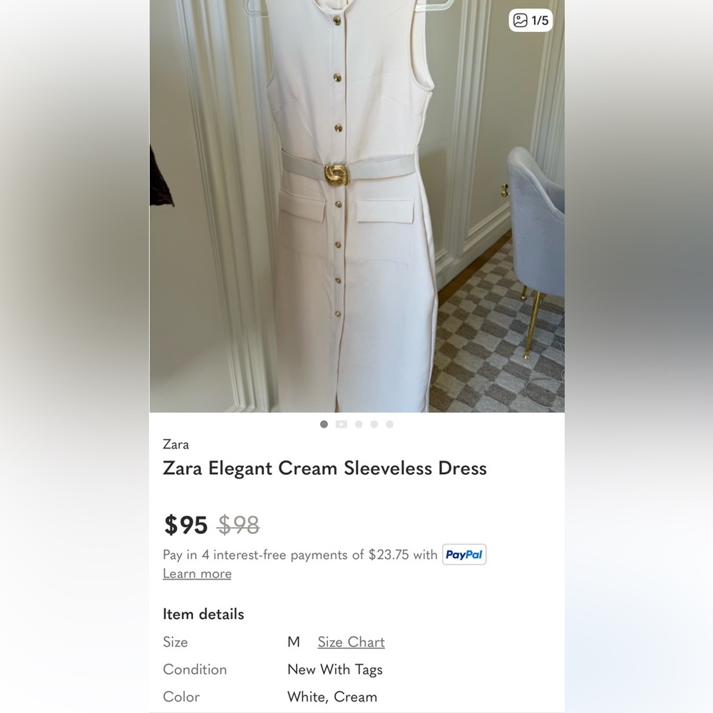 Zara NWT Elegant Cream Sleeveless Belted Midi Dress with Gold Details (Medium) - Picture 16 of 16